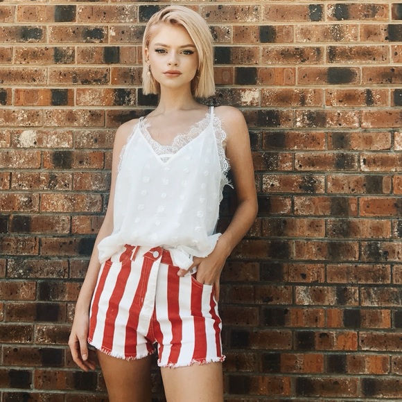 Red & White Stripped Shorts | Frayed Hem - Picture 1 of 3
